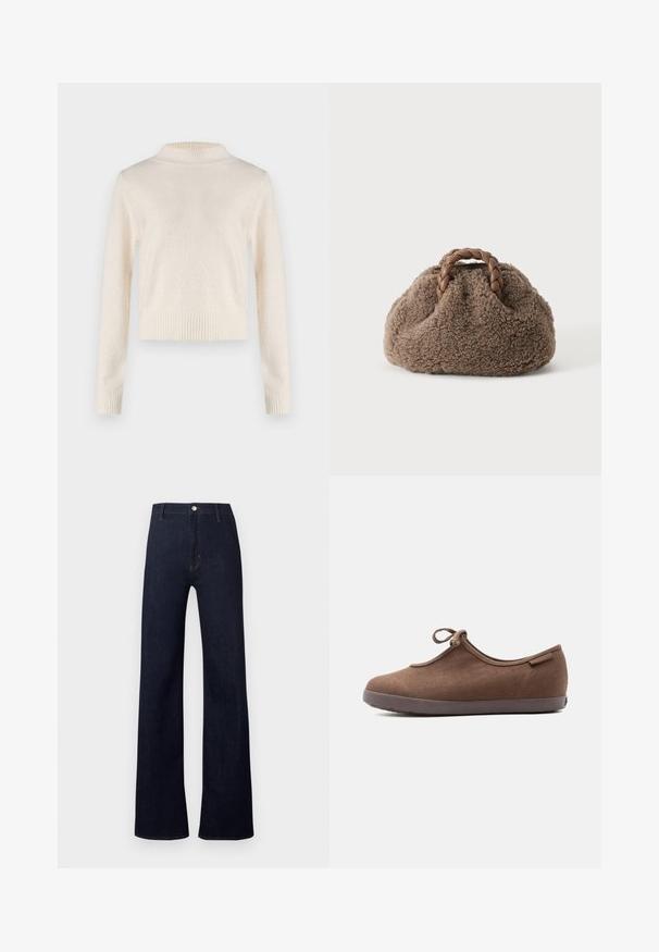 Pull crème à manches longues avec un col haut. Texture douce, taille et poignets côtelés. Tissu léger avec un léger éclat.; Pantalon en jean bleu foncé avec une taille haute, une coupe ample à jambes larges, et un style classique à cinq poches. Il présente des détails en bronze et des coutures discrètes.; Chaussure marron à enfiler avec un bout arrondi, une tige en tissu doux, une semelle fine et un petit nœud noué près de l'ouverture.; Petit sac à main marron duveteux avec des poignées en cuir tressé sur un fond uni clair.