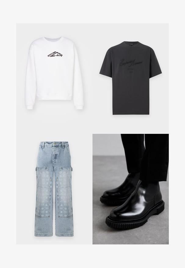 Sweat-shirt blanc à col rond, avec un logo "ICON" noir imprimé à l'avant. Il a une coupe décontractée et des poignets côtelés aux manches.; T-shirt noir à manches courtes avec texte brodé "Emporio Armani District 1981" sur la poitrine, affiché sur fond blanc.; Un pantalon cargo en denim bleu clair se distingue par sa coupe large, ses grandes poches à rabat et un imprimé floral discret sur les panneaux inférieurs, accompagné d'accents en métal doré.; Bottes Chelsea en cuir noir avec une finition lisse, panneaux latéraux élastiques et une épaisse semelle en caoutchouc texturé présentant un motif de bande de roulement robuste.