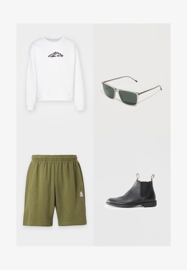 Sweat-shirt blanc à col rond, avec un logo "ICON" noir imprimé à l'avant. Il a une coupe décontractée et des poignets côtelés aux manches.; Shorts décontractés à taille élastique vert olive avec poches latérales et un petit logo blanc Kappa sur la jambe droite.; Botte Chelsea en cuir noir avec une finition lisse, panneaux latéraux élastiques et languettes de tirage. Bout arrondi et petit talon bloc.; Lunettes de soleil rectangulaires transparentes avec des verres vert foncé et des branches en métal argenté, mettant en valeur des accents dorés sur les charnières.