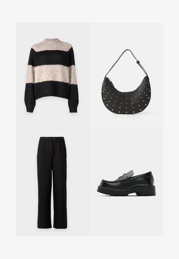 Suéter a rayas con cuello alto, que presenta tres bandas horizontales en negro y beige claro. Confeccionado en un material de punto suave y texturizado.; Pantalones negros hechos de una tela suave, con un diseño de pierna recta, pliegues frontales y un cierre de botón estándar en la cintura.; Mocasines de cuero negro con suela gruesa y texturizada, que presentan una correa sobre el empeine y un acabado suave y pulido.; Bolso de mano de cuero negro con forma curva, adornado con tachuelas plateadas, cuenta con cierre de cremallera y una sola correa ajustable.