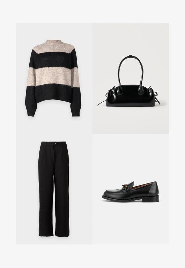Pull rayé à col haut, comportant trois bandes horizontales en noir et beige clair. Fabriqué en maille douce et texturée.; Pantalon noir en tissu lisse, avec une coupe droite, des plis sur le devant et une fermeture à bouton standard à la taille.; Mocassin en cuir noir avec un petit talon, un bout arrondi et un détail de boucle métallique décorative à l'avant.; Petit sac à main noir brillant avec deux longues anses et des détails à cordon sur les côtés sur un fond clair uni.