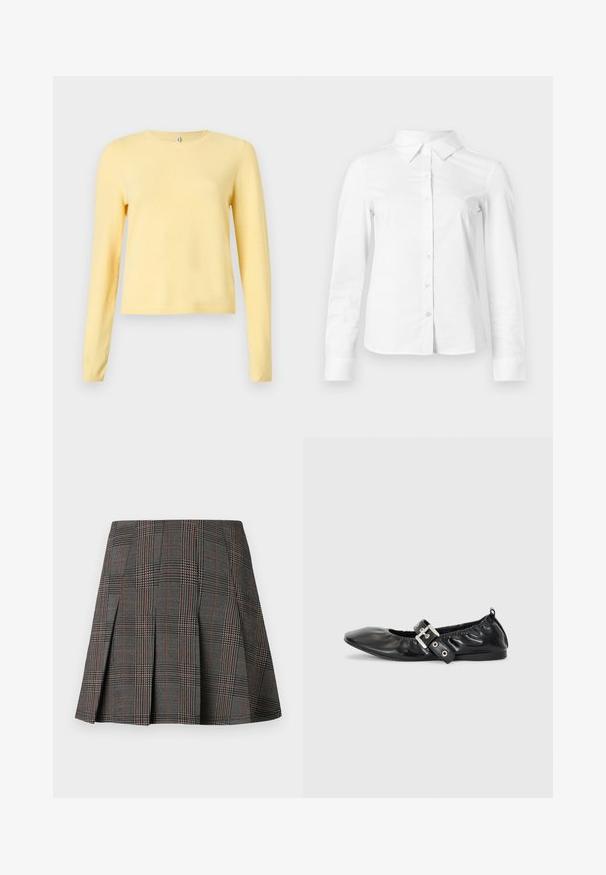 Pull jaune à manches longues en tissu doux avec un col rond et un ourlet côtelé, présentant une texture lisse et une coupe décontractée.; Chemise blanche à manches longues avec boutons, col pointu, ourlet droit et silhouette ajustée, présentée sur un fond clair uni.; Jupe à carreaux gris avec des plis, ornée de motifs complexes en noir et blanc, accentuée par de fines lignes rouges. Fabriquée dans un tissu structuré.; Chaussure plate en cuir noir avec un nez pointu, des détails froncés autour de l'ouverture et un accent en boucle argentée sur la bride ajustable.