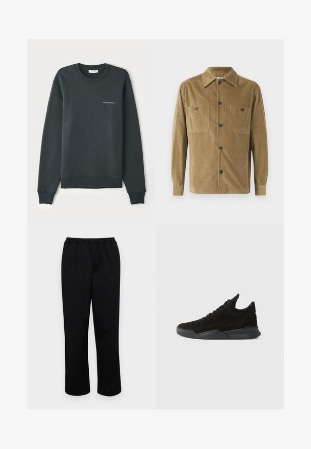 Sudadera verde oscuro, con cuello redondo, mangas largas, puños y dobladillo acanalados, que presenta un logo de texto blanco "TIGER OF SWEDEN" en el pecho.; Camisa de corduroy marrón con cuello, dos bolsillos en el pecho y botones negros; presenta una textura de ribetes verticales y mangas largas.; Pantalones negros de longitud media con cintura elástica. Fabricados con una tela suave, presentan un ajuste relajado y no tienen bolsillos visibles ni adornos.; Zapatilla de ante negro con un perfil bajo, parte superior texturizada, cordones planos y una suela de goma sólida que presenta un ligero tacón y un diseño curvado.