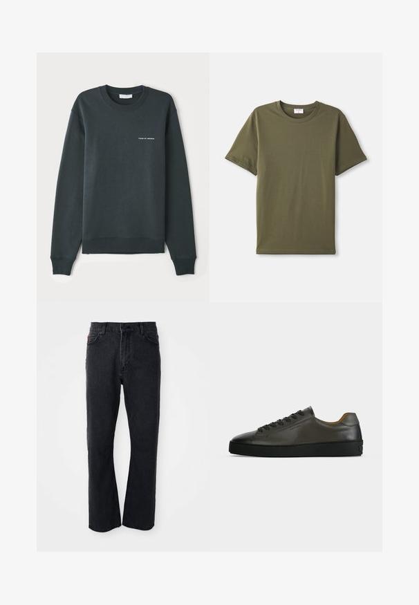 Mørkegrøn sweatshirt med rund hals, lange ærmer, ribbede manchetter og kant, med et hvidt tekstlogo "TIGER OF SWEDEN" på brystet.; Simpel olivengrøn kortærmet T-shirt med rund hals liggende fladt på en hvid baggrund.; Sorte denim jeans med lige ben-design, høj talje, knaplukning og subtile syninger langs lommerne og sømmene.; Lavtskåret mørkegrå læder sneaker med sorte snørebånd og sål, minimalistisk design, sideprofil på en ensfarvet lys baggrund.