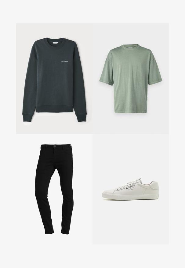 Mørkegrøn sweatshirt med rund hals, lange ærmer, ribbede manchetter og kant, med et hvidt tekstlogo "TIGER OF SWEDEN" på brystet.; Lys grønt kortærmet t-shirt med rund halsudskæring og afslappet pasform; lavet af blødt materiale med en glat tekstur.; Sorte slim-fit jeans med frontknap og lommer, vist mod en hvid baggrund.; Hvide lædersneakers med et lavt design, tekstureret gummisål og "ALLSAINTS" logo på siden. Standard snørelukning.
