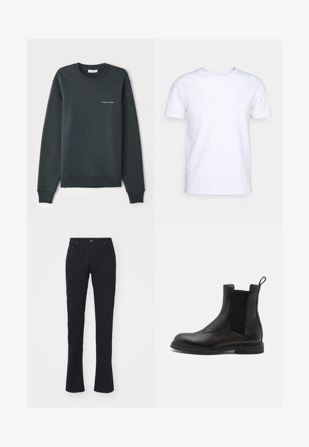 Sudadera verde oscuro, con cuello redondo, mangas largas, puños y dobladillo acanalados, que presenta un logo de texto blanco "TIGER OF SWEDEN" en el pecho.; Camiseta blanca de manga corta en tejido de algodón con cuello redondo. Diseño simple sin patrones ni acentos. Textura suave.; Pantalones de algodón negros con corte recto, con cierre de botón, dos bolsillos frontales y una textura suave. Sin patrones ni acentos.; Emporio Armani Botines - nero
