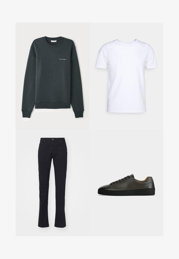 Sudadera verde oscuro, con cuello redondo, mangas largas, puños y dobladillo acanalados, que presenta un logo de texto blanco "TIGER OF SWEDEN" en el pecho.; Camiseta blanca de manga corta en tejido de algodón con cuello redondo. Diseño simple sin patrones ni acentos. Textura suave.; Pantalones de algodón negros con corte recto, con cierre de botón, dos bolsillos frontales y una textura suave. Sin patrones ni acentos.; Zapatilla baja de piel gris oscuro con cordones y suela negros, diseño minimalista, perfil lateral sobre un fondo claro y liso.