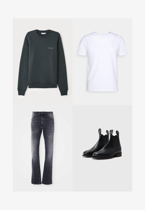 Sudadera verde oscuro, con cuello redondo, mangas largas, puños y dobladillo acanalados, que presenta un logo de texto blanco "TIGER OF SWEDEN" en el pecho.; Camiseta blanca de manga corta en tejido de algodón con cuello redondo. Diseño simple sin patrones ni acentos. Textura suave.; Jeans de mezclilla gris con un diseño de pierna acampanada, que presentan un acabado ligeramente deslavado, cinco bolsillos y un cierre frontal con botón.; Botas Chelsea de cuero negro con paneles laterales elásticos, costuras en contraste y tiradores con el logo de la marca. Suelas planas de goma.