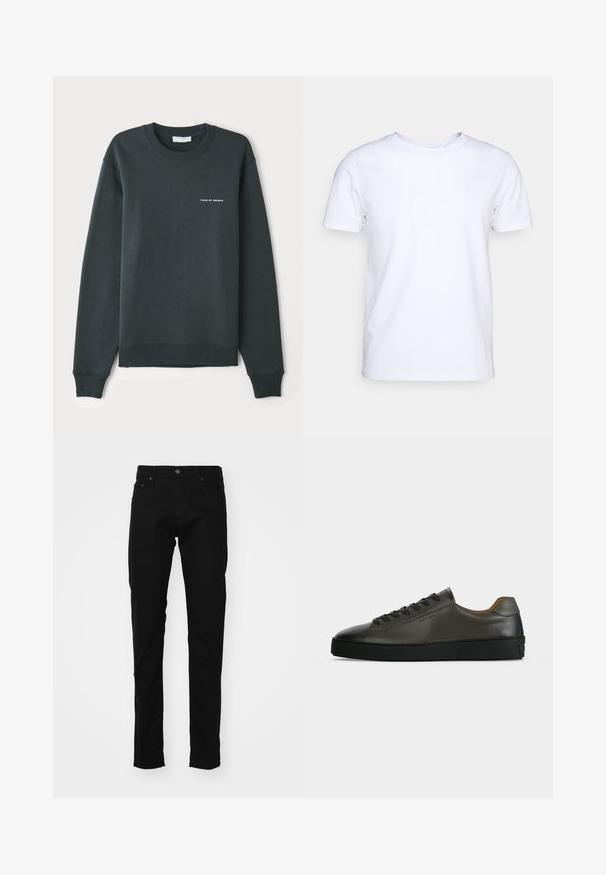 Sweatshirt vert foncé, à col rond, manches longues, bords-côtes aux poignets et à l'ourlet, arborant un logo en texte blanc "TIGER OF SWEDEN" sur la poitrine.; T-shirt blanc à manches courtes en tissu de coton avec un col rond. Design simple sans motifs ni accents. Texture lisse.; Jeans en denim noir à coupe slim, avec un design classique à cinq poches, un bouton en métal et des détails de couture sur les poches.; Basket basse en cuir gris foncé avec lacets et semelle noirs, design minimaliste, profil latéral sur un fond clair uni.