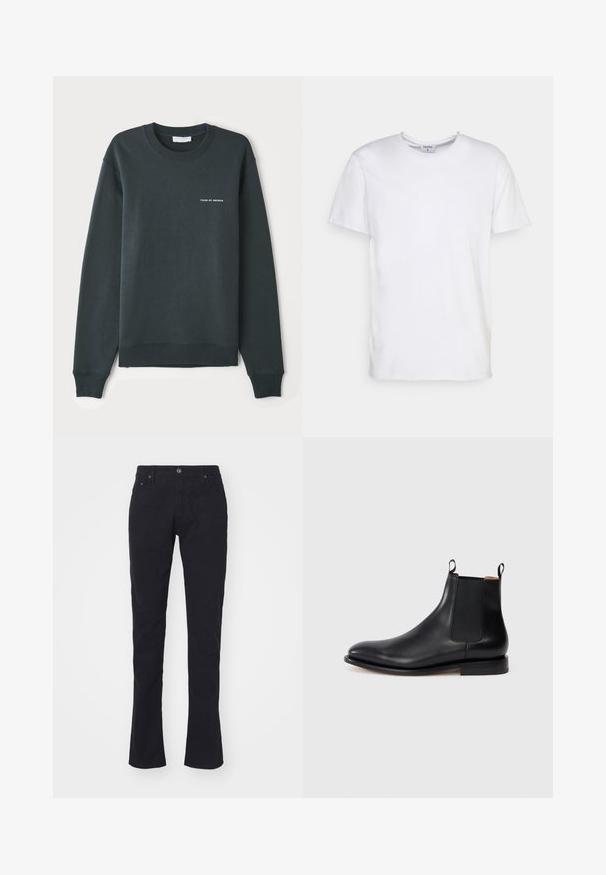 Sudadera verde oscuro, con cuello redondo, mangas largas, puños y dobladillo acanalados, que presenta un logo de texto blanco "TIGER OF SWEDEN" en el pecho.; Camiseta blanca de manga corta hecha de algodón. Presenta un escote redondo y un corte holgado, sin patrones ni acentos visibles.; Pantalones de algodón negros con corte recto, con cierre de botón, dos bolsillos frontales y una textura suave. Sin patrones ni acentos.; Botín Chelsea de cuero negro con paneles laterales elásticos, tiradores y un tacón bajo sobre un fondo blanco.