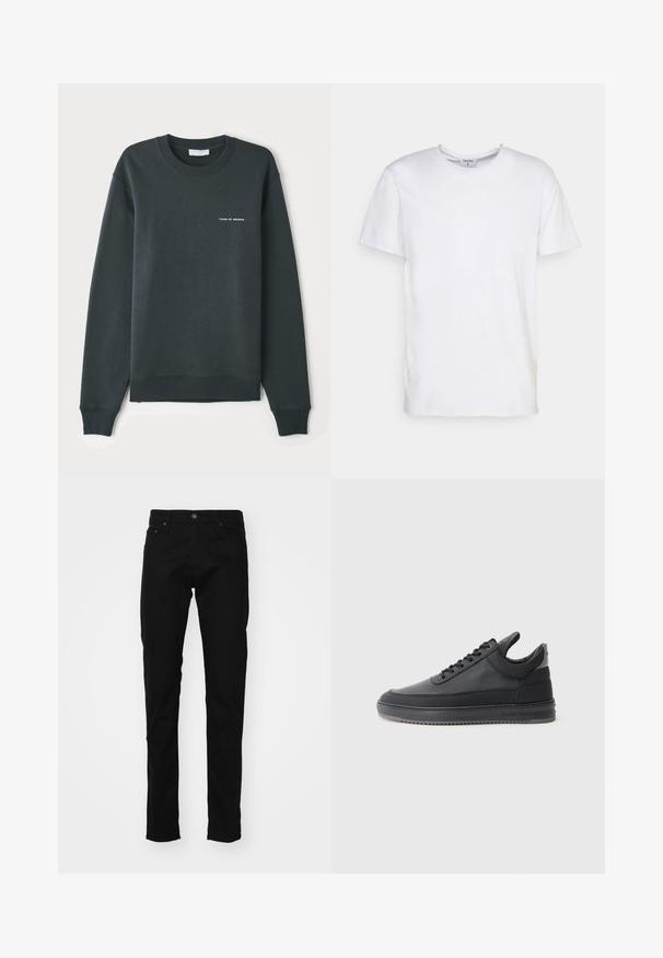 Donkergroene sweatshirt, met een ronde hals, lange mouwen, ribgebreide manchetten en onderrand, met een witte tekstlogo "TIGER OF SWEDEN" op de borst.; Witte t-shirt met korte mouwen, gemaakt van katoen. Heeft een ronde halslijn en een comfortabele pasvorm zonder zichtbare patronen of accessoires.; Zwarte denim jeans met een slim fit, voorzien van een klassiek vijf-pocket ontwerp, metalen knoop en gestikte details op de zakken.; Zwarte leren sneakers met een textuur oppervlak, vetersluiting, een lage schacht en een grijze rubberen zool met een geribbelde rand.