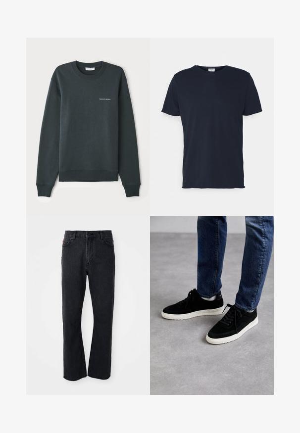 Sudadera verde oscuro, con cuello redondo, mangas largas, puños y dobladillo acanalados, que presenta un logo de texto blanco "TIGER OF SWEDEN" en el pecho.; Camiseta de algodón azul marino con cuello redondo y mangas cortas, de textura suave y diseño simple, sin patrones ni acentos visibles.; Jeans de mezclilla negra con un diseño de pierna recta, cintura alta, cierre de botón y detalles de costura sutiles a lo largo de los bolsillos y las costuras.; Zapatillas de ante negras con suela de goma blanca, que presentan un diseño clásico de corte bajo, puntera redondeada y cordones planos negros.