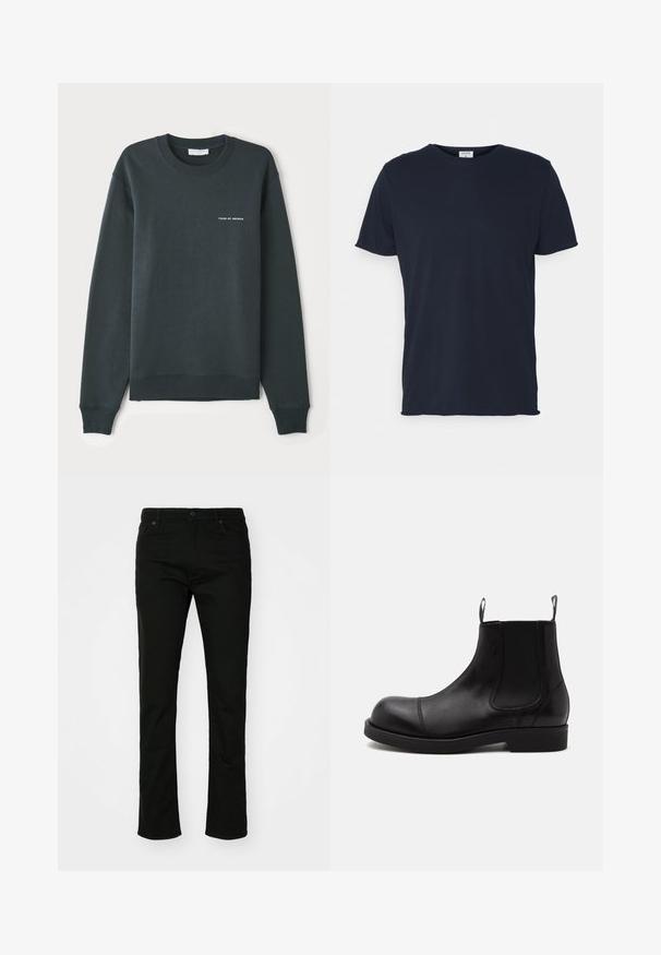 Sweatshirt vert foncé, à col rond, manches longues, bords-côtes aux poignets et à l'ourlet, arborant un logo en texte blanc "TIGER OF SWEDEN" sur la poitrine.; T-shirt en coton bleu marine avec un col rond et des manches courtes, présentant une texture lisse et un design simple, sans motifs ni accents visibles.; Jean en denim noir avec une coupe droite, style à cinq poches et fermeture à bouton. Texture lisse avec des détails de couture subtils.; Bottine Chelsea en cuir noir à bout arrondi, panneaux latéraux élastiques, languettes à l’avant et à l’arrière, semelle plate, vue de côté sur fond blanc.