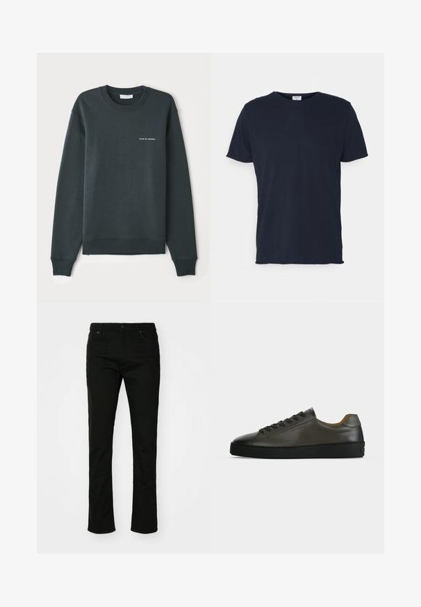 Sweatshirt vert foncé, à col rond, manches longues, bords-côtes aux poignets et à l'ourlet, arborant un logo en texte blanc "TIGER OF SWEDEN" sur la poitrine.; T-shirt en coton bleu marine avec un col rond et des manches courtes, présentant une texture lisse et un design simple, sans motifs ni accents visibles.; Jean en denim noir avec une coupe droite, style à cinq poches et fermeture à bouton. Texture lisse avec des détails de couture subtils.; Basket basse en cuir gris foncé avec lacets et semelle noirs, design minimaliste, profil latéral sur un fond clair uni.