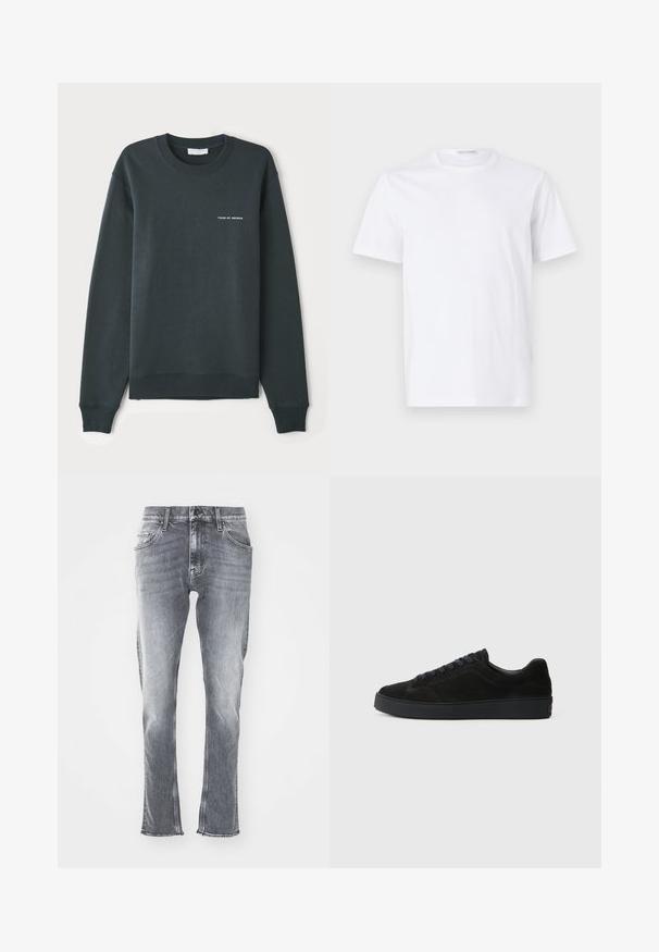 Mørkegrøn sweatshirt med rund hals, lange ærmer, ribbede manchetter og kant, med et hvidt tekstlogo "TIGER OF SWEDEN" på brystet.; Hvid bomulds t-shirt med rund halsudskæring og korte ærmer. Glat tekstur, lige snit og minimalistisk design uden mønstre eller accenter.; Grå denimjeans med slim fit, rå kant og fem lommer. Har en klassisk knap- og lynlåslukning. Blød tekstur med falmet vask.; Sort semsket sneakers med en flad, tekstureret sål, rund tå, seks snørrehuller og et minimalistisk design.