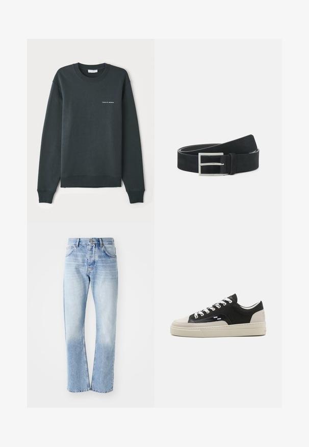 Sudadera verde oscuro, con cuello redondo, mangas largas, puños y dobladillo acanalados, que presenta un logo de texto blanco "TIGER OF SWEDEN" en el pecho.; Jeans de mezclilla azul claro con corte recto. Presenta un diseño de cinco bolsillos, cierre de botón y una textura deslavada hacia la parte inferior.; Zapatillas de lona negras con suela de goma beige, cordones blancos y acentos de cuero en la punta y el costado. Detalle sutil del logo en el talón.; Cinturón de ante negro con hebilla de metal plateado, diseño plano y costura en contraste a lo largo de los bordes. Textura suave en general.