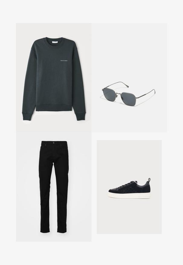 Sudadera verde oscuro, con cuello redondo, mangas largas, puños y dobladillo acanalados, que presenta un logo de texto blanco "TIGER OF SWEDEN" en el pecho.; Vaqueros de mezclilla negros con un ajuste slim, que presentan un diseño clásico de cinco bolsillos, botón de metal y costuras decorativas en los bolsillos.; Zapatilla negra de caña baja con suela blanca, cordones en la parte frontal, pestaña para tirar en el talón y un sutil patrón "AX" en el panel lateral.; Gafas de sol con lentes grises y un marco metálico. Presentan una forma angular y varillas delgadas con detalles sutiles. Sin adornos prominentes.