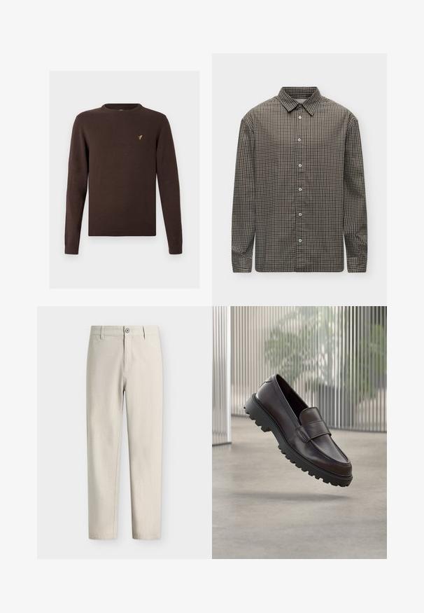 Pull marron tricoté à manches longues, col rond et ourlets côtelés. Présente un petit logo d'oiseau doré sur la poitrine.; Chemise à manches longues boutonnée avec motif à carreaux noir et blanc et col classique sur fond blanc.; Pantalon beige clair droit avec fermeture par bouton et fermeture éclair ainsi que passants pour ceinture, présenté sur un fond blanc uni.; Chaussure à enfiler en cuir marron avec un bout rond et une semelle en caoutchouc noire robuste. Présente une bride décorative traversant le coup de pied.