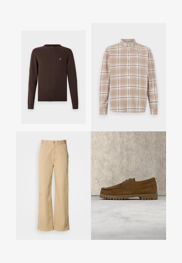 Pull marron tricoté à manches longues, col rond et ourlets côtelés. Présente un petit logo d'oiseau doré sur la poitrine.; Chemise à carreaux beige à boutons, manches longues, col boutonné et poche poitrine sur fond blanc.; Pantalon large beige en mélange coton. Fermeture par bouton et passants de ceinture. Texture lisse, avec des détails de couture minimaux.; Chaussure à lacets en daim marron avec semelle épaisse et striée flottant au-dessus d'un tapis beige, avec une table ovale marron en arrière-plan.
