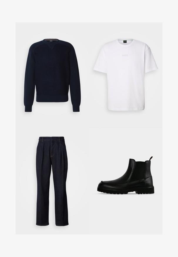 Pull en tricot marine foncé avec un col rond, des poignets côtelés et des détails de panneaux d'épaules. Texture douce avec un motif uni et un ourlet élastique.; T-shirt en coton blanc à manches courtes, col rond, avec un logo « BOSS » en relief sur la poitrine. Texture lisse, coupe standard.; Jean en denim large à jambes bleues foncées avec des plis devant et des coutures orange, présenté sur fond blanc.; Bottine noire en cuir avec semelle texturée, panneaux latéraux élastiques et languette de tirage sur fond gris clair.