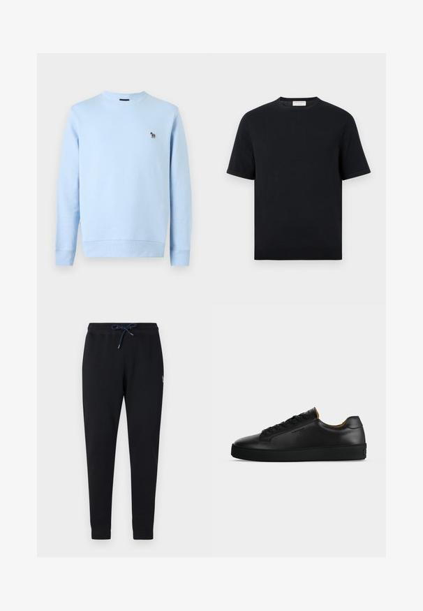 Sweat-shirt bleu clair col rond à manches longues avec un petit logo zèbre multicolore sur la poitrine gauche.; T-shirt noir à manches courtes avec col rond, ourlet et poignets côtelés, design uni, présenté sur un fond blanc.; Pantalon de survêtement noir fuselé avec taille élastique et cordon de serrage bleu marine, doté de poignets côtelés et d'une petite étiquette logo sur le côté.; Basket basse en cuir noir avec lacets noirs, semelle en caoutchouc texturée et petit logo embossé sur le côté, présenté de profil sur fond gris.