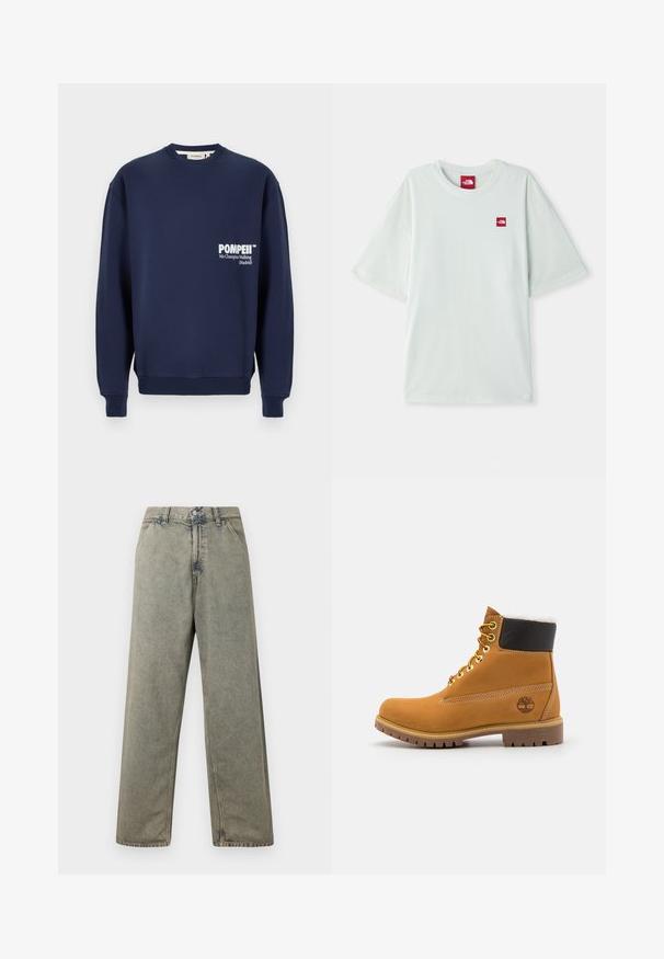 Marineblaues Sweatshirt aus weicher Baumwolle, mit Rundhalsausschnitt, gerippten Bündchen und einer Tasche auf der Vorderseite mit weißem Drucktext.; Hellgrünes Kurzarm-T-Shirt aus weicher Baumwolle, mit einem kleinen roten Logostein auf der linken Brustseite. Entspannte Passform und runder Halsausschnitt.; Weite Denim-Jeans in einem verblassten Grauton, mit Knopfverschluss und traditionellem Fünf-Taschen-Design sowie sichtbaren Nähdetails.; Braune Leder-Ankle-Boots mit Metallösen, weißem Kunstfellfutter, schwarzem gepolstertem Kragen, robustem Sohlenprofil und geprägtem Logo an der Seite.