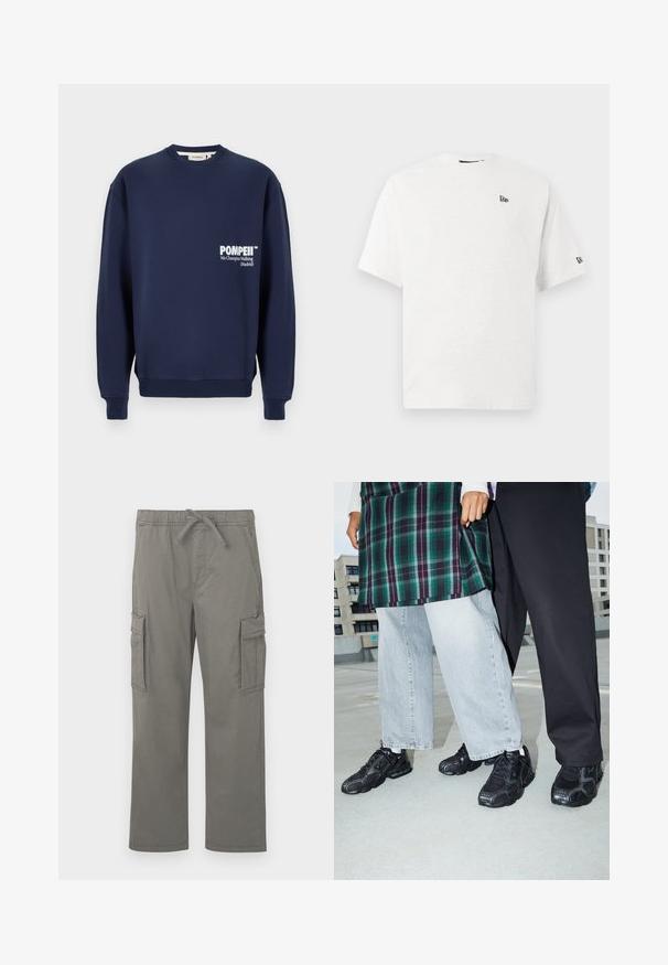 Marineblaues Sweatshirt aus weicher Baumwolle, mit Rundhalsausschnitt, gerippten Bündchen und einer Tasche auf der Vorderseite mit weißem Drucktext.; Weißes Baumwoll-T-Shirt mit kurzen Ärmeln, Rundhalsausschnitt und einem kleinen schwarzen Logo auf der linken Brust und dem rechten Ärmel.; Graue gerade Cargo-Hosen mit elastischem Bund, Kordelzug, seitlichen Klappentaschen und vorderen Schrägtaschen auf einem weißen Hintergrund.; Schwarze Sportschuhe mit Mesh- und Gummielementen. Kombiniert mit hellgrauen weiten Jeans und einem karierten grünen Oberteil. Flacher Hintergrund.