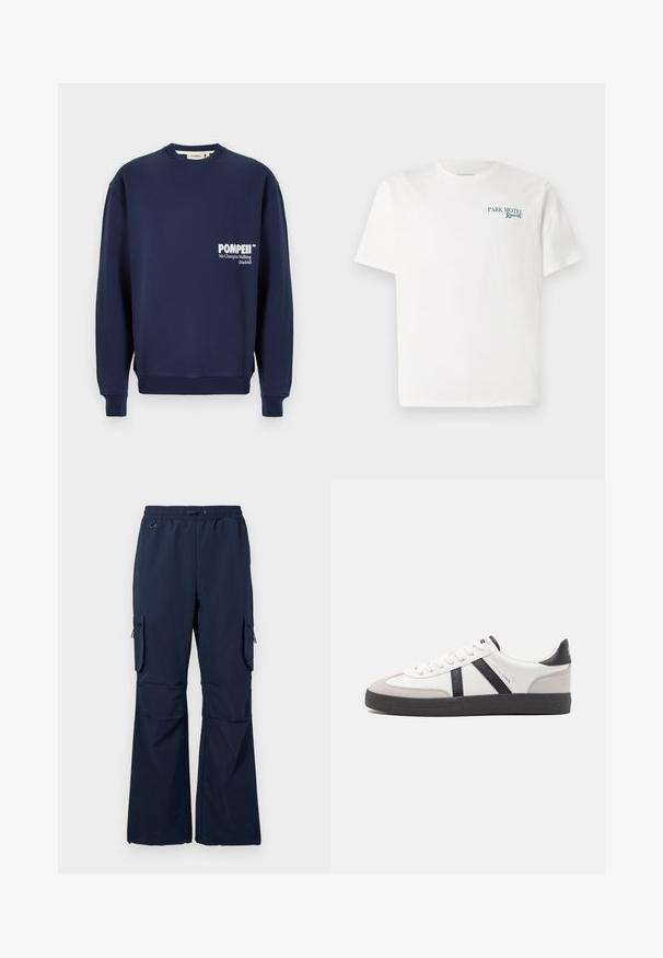 Marineblaues Sweatshirt aus weicher Baumwolle, mit Rundhalsausschnitt, gerippten Bündchen und einer Tasche auf der Vorderseite mit weißem Drucktext.; Weißes Baumwoll-T-Shirt mit Rundhalsausschnitt. Auf der Vorderseite steht in grüner Schrift: "PARK MOTEL Resort." Es hat kurze Ärmel und eine lockere Passform. Glatte Textur.; Marine Cargo-Hosen aus leichtem Stoff mit einem Kordelzugbund, zwei seitlichen Taschen und mit Reißverschluss versehenen Cargo-Taschen an beiden Beinen.; Weiße Sneaker mit schwarz- und grau-aczenten, ausgestattet mit einer strukturierten grauen Zehenkappe, schwarzer Gummi-Sohle und flachen weißen Schnürsenkeln. Sauberes Design, minimalistische Stil.