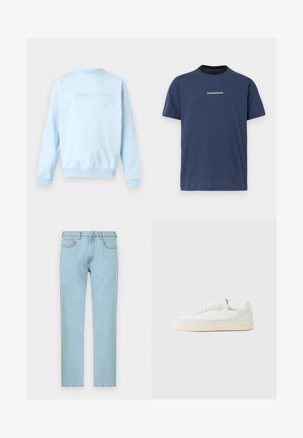 Sweat-shirt bleu clair à col rond, manches longues avec le texte "Carlo Colucci" subtilement brodé sur la poitrine.; T-shirt bleu marine à manches courtes avec col rond noir et petit logo blanc Emporio Armani centré sur la poitrine.; Jean en denim bleu clair à jambes droites avec fermeture à bouton et fermeture éclair à l'avant, poches avant et arrière, présenté sur fond blanc.; Baskets blanches avec dessus en daim et cuir texturé. Caractérisées par un bout arrondi, une fermeture à lacets et une semelle en caoutchouc beige contrastante.
