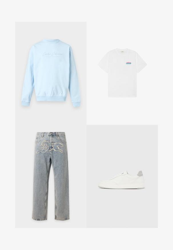 Sweat-shirt bleu clair à col rond, manches longues avec le texte "Carlo Colucci" subtilement brodé sur la poitrine.; T-shirt blanc à manches courtes et col rond avec un petit logo "prince" rose et bleu sur la partie supérieure gauche de la poitrine.; Jean en denim bleu clair avec un motif lapin ludique brodé sur la zone avant de la taille.; Baskets basses blanches avec un onglet de talon gris, des lacets blancs et une semelle texturée, présentées sur un fond uni clair.