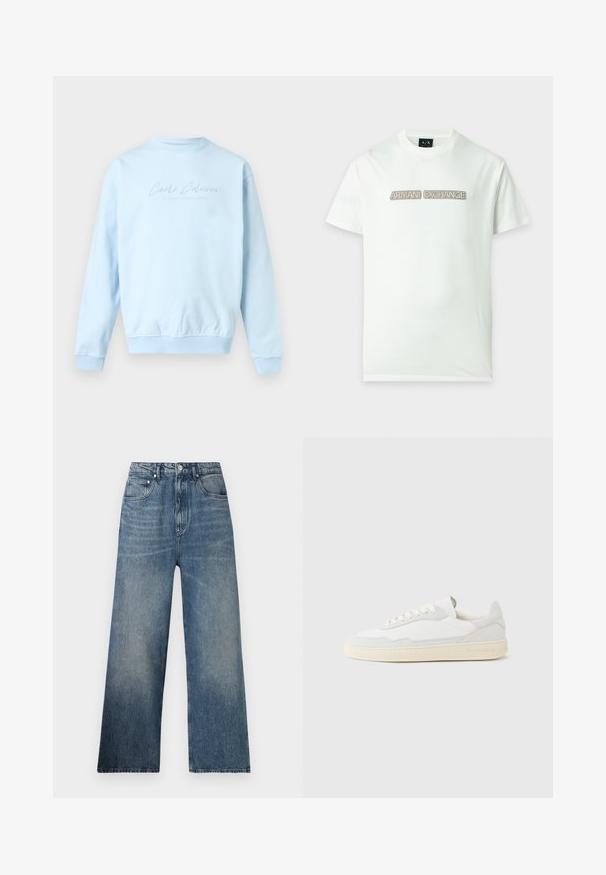 Sweat-shirt bleu clair à col rond, manches longues avec le texte "Carlo Colucci" subtilement brodé sur la poitrine.; T-shirt blanc à manches courtes avec des patches rectangulaires beiges formant "ARMANI EXCHANGE" sur la poitrine.; Jean large en denim bleu à taille haute, avec une légère décoloration, cinq poches et une fermeture à bouton en métal à l'avant.; Baskets blanches avec dessus en daim et cuir texturé. Caractérisées par un bout arrondi, une fermeture à lacets et une semelle en caoutchouc beige contrastante.