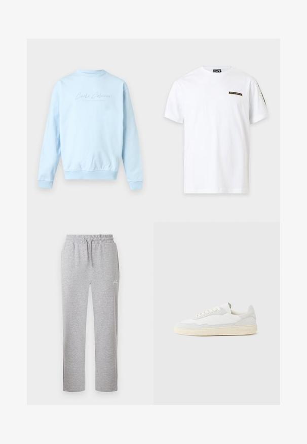 Sweat-shirt bleu clair à col rond, manches longues avec le texte "Carlo Colucci" subtilement brodé sur la poitrine.; T-shirt blanc à manches courtes avec un petit patch logo EA7 Emporio Armani sur la poitrine gauche et une étiquette de marque à l'intérieur du col.; Pantalon de survêtement gris clair avec taille élastique et cordon, avec un petit logo blanc sur la partie supérieure de la cuisse, présenté de face.; Baskets blanches avec dessus en daim et cuir texturé. Caractérisées par un bout arrondi, une fermeture à lacets et une semelle en caoutchouc beige contrastante.