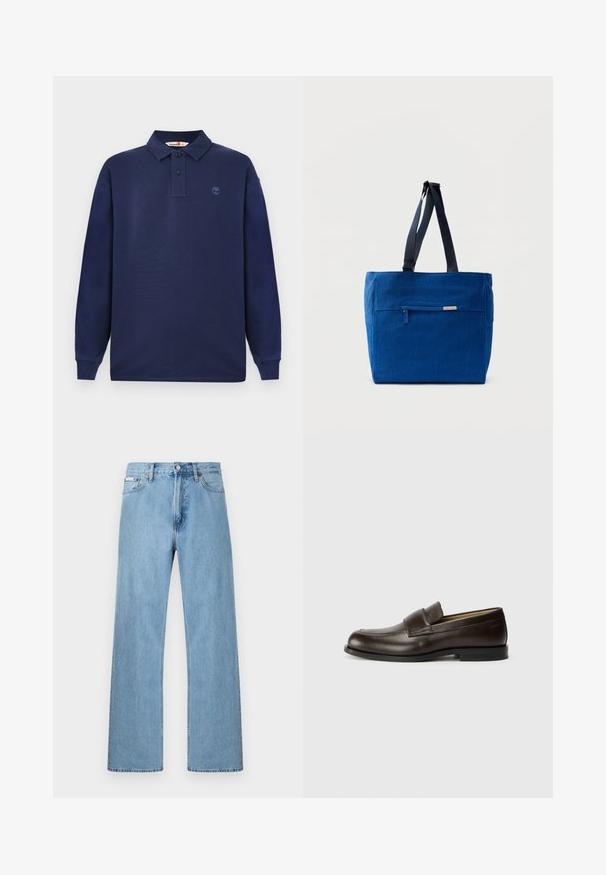Mørkeblå langærmet polo shirt lavet af bomuld, med en tre-knaps placket og et lille logo på venstre bryst. Glat tekstur.; Lyseblå straight-leg jeans i denim med fem-lomme-design og knaplukning i taljen, vist mod en ensfarvet baggrund.; Calvin Klein Loafers - cocoa brown; Blå lærredstaske med lynlåslomme foran, dobbelte skulderremme og rektangulær form. Har en diskret mærkeetiket.
