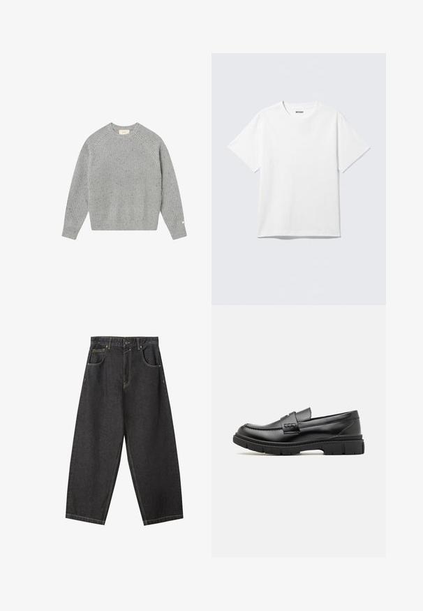 Pull en tricot gris avec une texture côtelée, des manches raglan et un col rond. Présente des speckles subtils et une petite étiquette sur la manche.; T-shirt blanc à manches courtes et col rond, étalé à plat, design uni, avec l'étiquette "WEEKDAY" à l'intérieur du col sur un fond clair.; Pantalons wide-leg en denim noir avec des coutures jaunes, un design à cinq poches et une taille mi-haute. Tissu texturé avec une finition lisse.; Mocassin en cuir noir avec une large sangle sur le devant, semelle en caoutchouc à épaisse rainure, et texture lisse. Design classique et élégant.