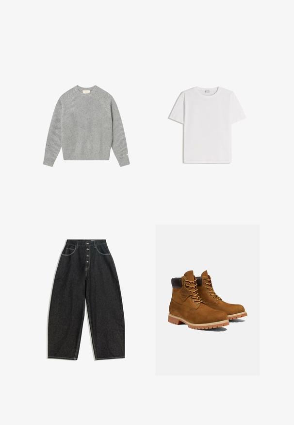 Pull en tricot gris avec une texture côtelée, des manches raglan et un col rond. Présente des speckles subtils et une petite étiquette sur la manche.; T-shirt en coton blanc avec un col rond et des manches courtes. Présente une coupe classique et carrée, sans motifs ni accents visibles.; Pantalon large en jean noir avec une taille haute, une fermeture à cinq boutons, deux poches avant et des détails de couture contrastants en blanc.; Bottines en daim marron avec un col rembourré noir, œillets dorés et semelle en caoutchouc épais avec un motif à crampons pour l'adhérence.