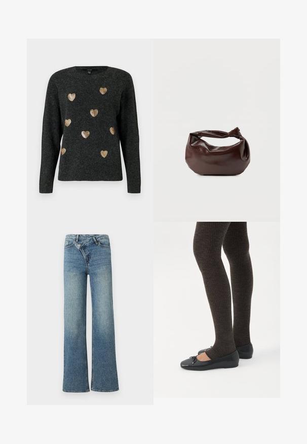 Pull en tricot gris foncé avec des motifs de cœurs en sequins dorés dispersés sur le devant. Encolure arrondie et manches longues.; Jean en denim bleu clair à jambes larges avec une taille haute, un délavage clair et une fermeture à bouton à l'avant. Comprend cinq poches et des coutures minimales.; Jambes portant des leggings côtelés foncés associés à des ballerines noires avec de petits détails en nœud sur fond blanc.; Sac bandoulière en cuir marron foncé avec une forme souple et décontractée et une anse nouée torsadée sur un fond blanc uni.