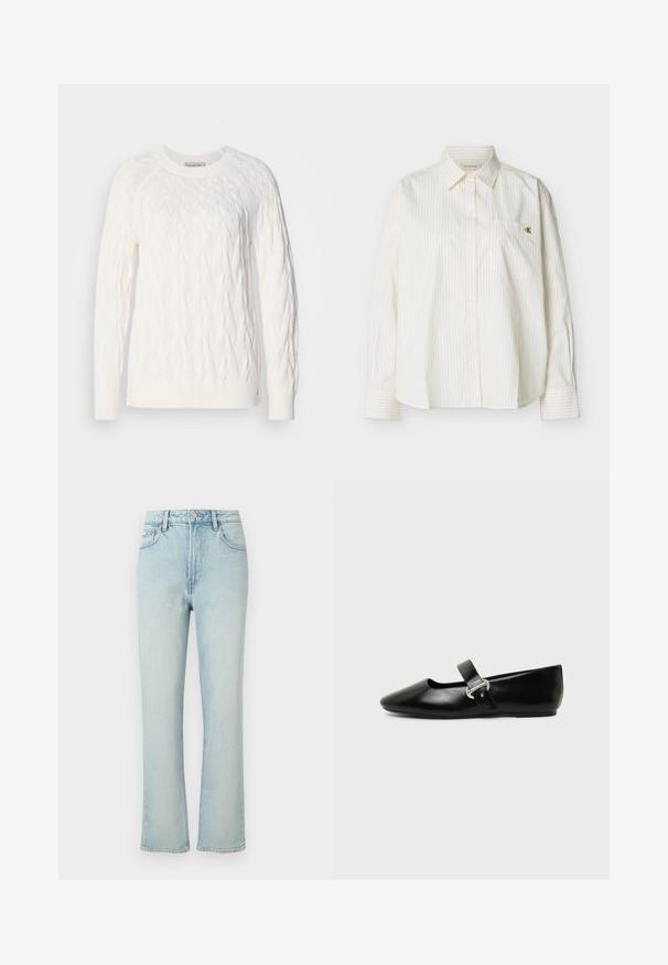 Pull en tricot blanc avec un motif en cables, col rond, manches longues et bords-côtes au niveau des poignets et de l'ourlet. La texture semble douce et texturée.; Chemise blanche à manches longues avec boutons, fines rayures verticales, col pointu, poche poitrine avant et petit logo doré "cK" sur la poche.; Jean bleu clair taille haute à jambes droites avec bouton avant, passants de ceinture et design classique à cinq poches sur fond uni.; Chaussure plate Mary Jane en cuir noir avec bout arrondi et bride à boucle argentée sur fond uni.