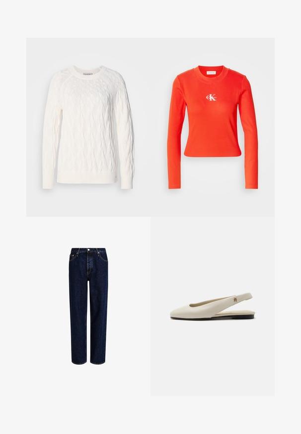 Pull en tricot blanc avec un motif en cables, col rond, manches longues et bords-côtes au niveau des poignets et de l'ourlet. La texture semble douce et texturée.; Haut en coton rouge à manches longues avec une texture côtelée et un col rond. Présente un logo blanc sur la poitrine. Design court.; Jeans en denim bleu foncé avec une coupe droite, dotés d'une taille haute, d'un style à cinq poches et de coutures contrastantes. Sans embellissements.; Chaussure plate slingback en cuir couleur crème avec un bout arrondi et un petit emblème doré sur la bride.