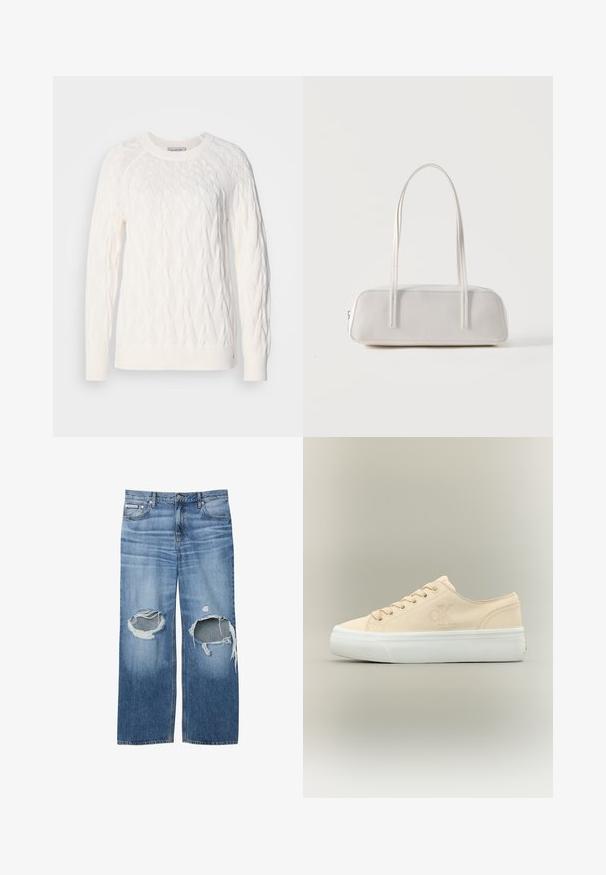 Pull en tricot blanc avec un motif en cables, col rond, manches longues et bords-côtes au niveau des poignets et de l'ourlet. La texture semble douce et texturée.; Jean en denim bleu avec de grandes déchirures aux deux genoux et une petite étiquette Calvin Klein sur la poche avant droite.; Baskets basses en toile beige avec semelle épaisse en caoutchouc blanc et logo "CK" discret sur le côté.; Sac d'épaule rectangulaire blanc avec des bretelles longues et fines, couture minimale, et fermeture éclair sur un fond uni.