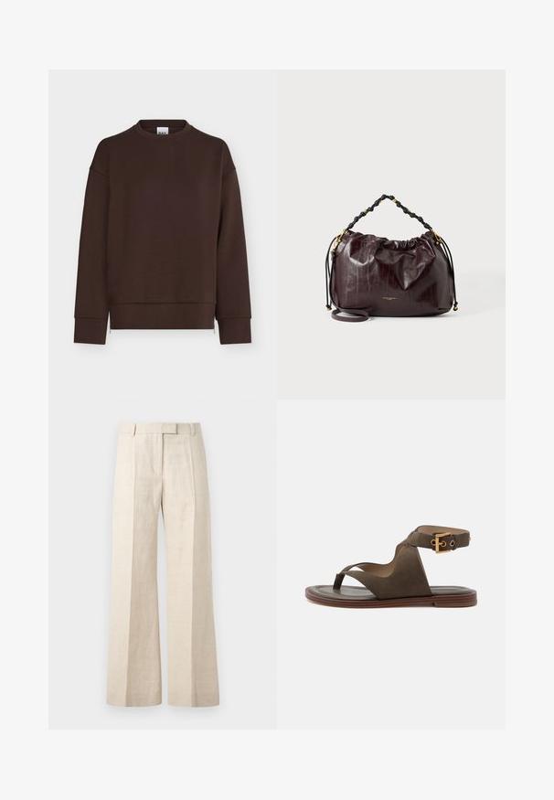 Sweat-shirt marron foncé à manches longues avec col rond, poignets et ourlet côtelés, présenté sur fond blanc.; Pantalon beige taille haute à jambes droites avec plis devant, passants pour ceinture et fermeture avant dissimulée.; Sandale plate en daim vert olive avec boucle d'orteil, large bride latérale, bride de cheville avec boucle dorée et semelle marron.; Sac à main en cuir marron foncé brillant avec poignée noire et dorée nouée et fine bandoulière, sur fond clair uni.