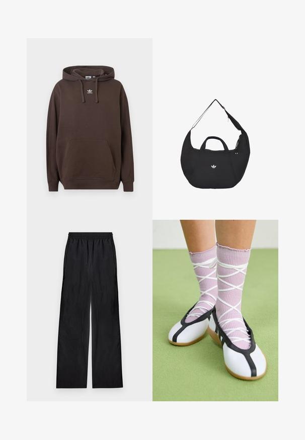 Brun hoodie lavet af blødt stof med kængurulomme, snøre i hætten og hvidt Adidas-logo på brystet. Regular fit design.; Sorte bukser med vide ben og elastik i taljen, lavet af letvægtsstof, vist fladt på en lys baggrund.; Ben iført ribbet lilla sokker med hvide krydsede stropper kombineret med hvide balletsko med sort kant på grøn gulv.; Sort halvmåneformet Adidas taske med dobbelte håndtag og en justerbar skulderrem, der viser det hvide Adidas trefoil-logo midt for.
