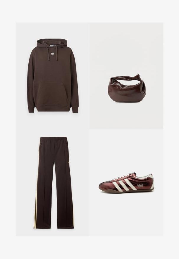 Brun hoodie lavet af blødt stof med kængurulomme, snøre i hætten og hvidt Adidas-logo på brystet. Regular fit design.; Sorte træningsbukser med gule sidelister, elastisk taljebånd, lynlåslommer i siderne og en lille logo på den øvre lår.; Lavprofileret metallisk burgundy Adidas sneaker med hvide striber, snørebånd og "Adidas Tokyo" mærkning på siden.; Mørkebrun læder skuldertaske med en blød, afslappet form og et snoet knudehåndtag på en ensartet hvid baggrund.