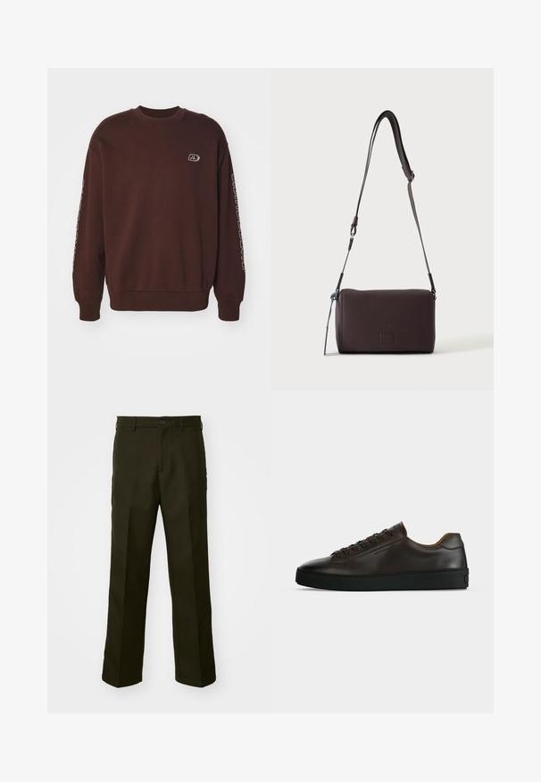 Ruskea huppari, jossa on pyöreä pääntie, pitkät hihat ja ribbaus hihansuissa. Etupuolella pieni logo ja teksti hihassa.; The Kooples PANTALON - Housut - kaki; Matala profiili tumma ruskea nahkainen lenkkarit mustalla kumipohjalla, nauhallinen malli ja sileä minimalistinen muotoilu vaalealla taustalla.; Tummanruskea, teksturoitu nahkainen olkalaukku, jossa säädettävä hihna ja pieni koristeellinen sininen yksityiskohta sivulla.