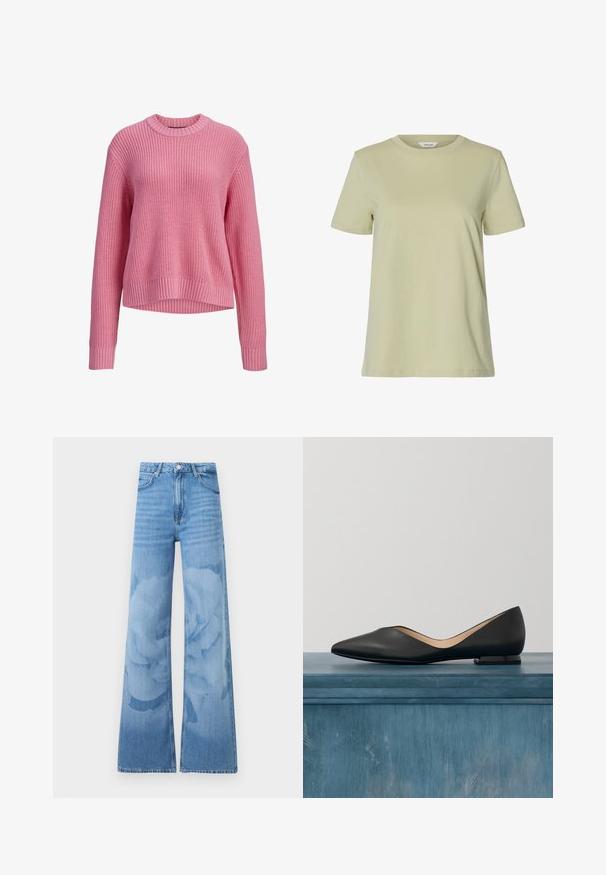 Pink strikket langærmet sweater med rund hals, ribstrikkede manchetter og kant, med en lidt længere ryg.; Lysegrøn kortærmet bomuld T-shirt med rund hals og lige kant, vist på en hvid baggrund.; Lyseblå jeans med brede ben og høj talje, foran knapper og lommer, med et subtilt blomstret vaskemønster på benene.; Sorte læder flade sko med spids tå og en lille, blank hæl. Indvendig med en lys tan-foring. Enkel, slank design.