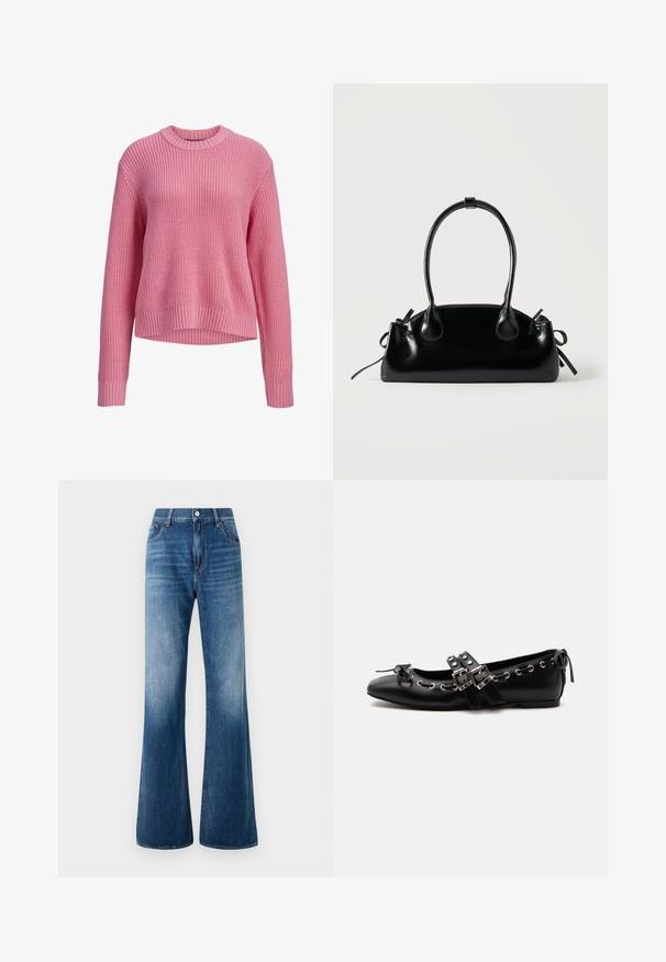 Pull en maille rose à manches longues avec col rond, poignets et ourlet côtelés, présentant un dos légèrement plus long.; Jean's bleu évasés avec un délavage usé, design à cinq poches, passants de ceinture et fermeture à bouton à l'avant. Texture lisse et coupe classique.; Chaussure de ballet plate noire avec doubles brides à boucle, œillets argentés et petit nœud près de l’orteil arrondi sur fond blanc.; Petit sac à main noir brillant avec deux longues anses et des détails à cordon sur les côtés sur un fond clair uni.