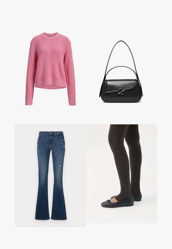 Pull en maille rose à manches longues avec col rond, poignets et ourlet côtelés, présentant un dos légèrement plus long.; Jean en denim évasé bleu foncé avec des patches usés. Comprend cinq poches et une fermeture éclair. Tissu de poids moyen avec une texture lisse.; Jambes portant des leggings côtelés foncés associés à des ballerines noires avec de petits détails en nœud sur fond blanc.; Sac à bandoulière en cuir noir avec un rabat incurvé fermé par un fermoir métallique rond et une sangle fine et ajustable.