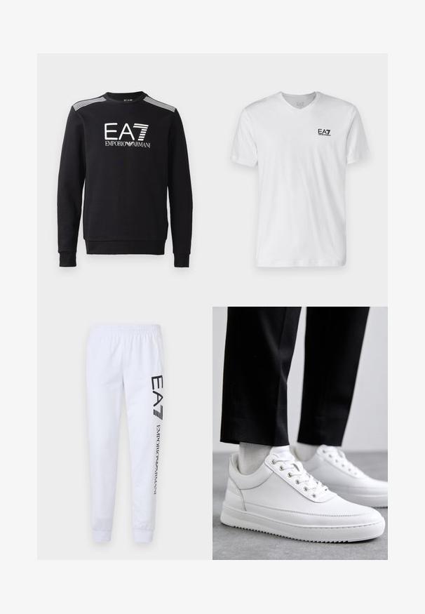 Sweatshirt noir en coton, avec un col rond, des manches longues, un logo EA7 blanc et des rayures sur les épaules.; T-shirt en coton blanc avec un col en V, manches courtes, comportant un logo EA7 noir sur la poitrine gauche. Texture lisse, design simple.; Pantalon de survêtement blanc en tissu doux, arborant des logos imprimés noirs "EA7" et "Emporio Armani" le long de la jambe gauche, avec une taille élastique et des poignets.; Baskets blanches en cuir avec une semelle en caoutchouc plat, présentant une finition lisse, un bout rond et des œillets en métal pour les lacets. Portées avec un pantalon noir.