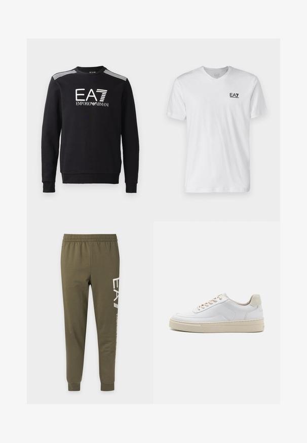 Zwarte sweatshirt van katoen, met een ronde hals, lange mouwen, een wit EA7-logo en strepen over de schouders.; Witte katoen t-shirt met v-hals, korte mouwen, voorzien van een zwart EA7-logo op de linkerborst. Gladde textuur, eenvoudig ontwerp.; Olijfgroene joggerbroek met elastische tailleband en boorden, met witte verticale tekst op het rechterbeen.; Witte sneaker met een gevoerd leren bovenwerk, beige veters en een gestructureerde beige suede hieltab. Verhoogde zool voor extra hoogte.