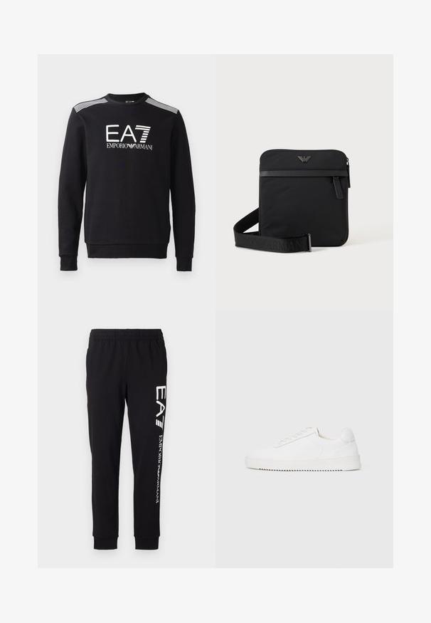 Must värvi puuvillane sweatshirt, millel on ümar kaelus, pikad varrukad, valge EA7 logo ja triibud õlgadel.; Mustad mustad, mis on valmistatud venivast kangast. Funktsioonideks on elastne vöökoht, kitsenevad varrukad ja valge bränding vasakul jalal.; Valge jooksutoss, millel on siledast nahast ülemine osa, ümmargune nina, paelad, tekstuuriga küljeaktsendid ja paks kummitald. Minimalistlik disain.; Must ruudukujuline õlakott tõmblukuga, esitasku ja reguleeritava rihmaga, millel on reljeefne kaubamärgi nimi.