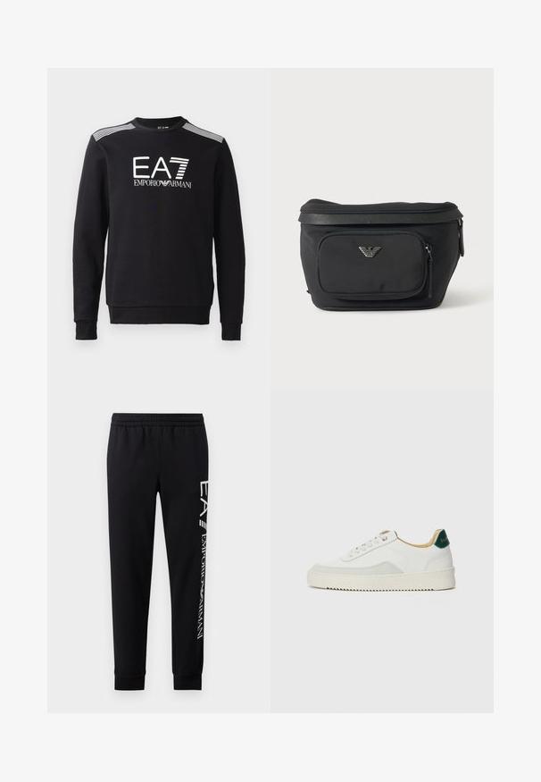 Zwarte sweatshirt van katoen, met een ronde hals, lange mouwen, een wit EA7-logo en strepen over de schouders.; Zwarte sweatpants van een katoenmix, met een elastische tailleband, taps toelopende benen, ribgebreide boorden en een wit logo-opdruk langs de zijkant.; Witte sneaker met suède accenten, ronde neus, platte veters en een crème rubberen zool. Bevat groene branding op de hiel.; Zwarte heuptas met voorvak met rits en zilveren adelaarlogo, gladde stof met gestructureerde afwerking en ritstrekker.
